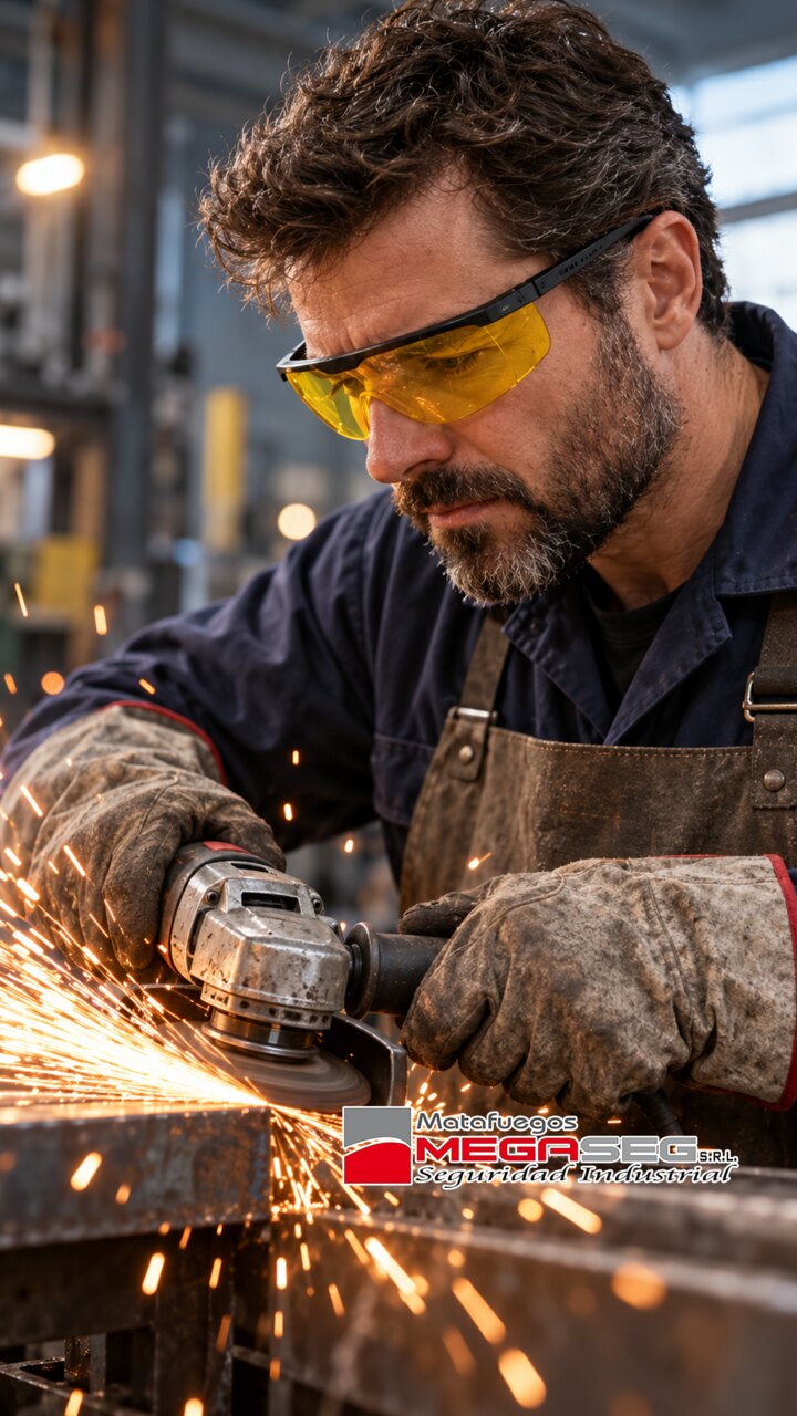 Trabajador con Anteojos de Seguridad Argon amarillos usando una amoladora