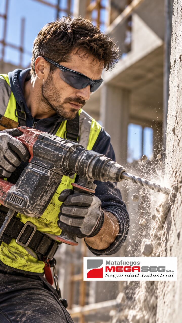 Trabajador usando Anteojos de Seguridad LIBUS Iris con lente gris durante una perforación en obra