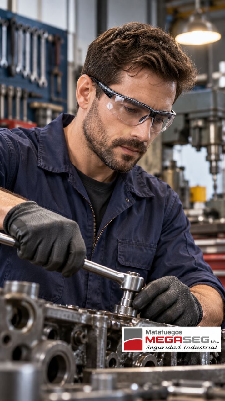 Trabajador usando Anteojos de Seguridad LIBUS Iris transparentes en taller mecánico