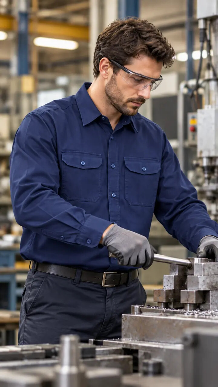 Camisa de Trabajo OMBU azul marino en tareas industriales