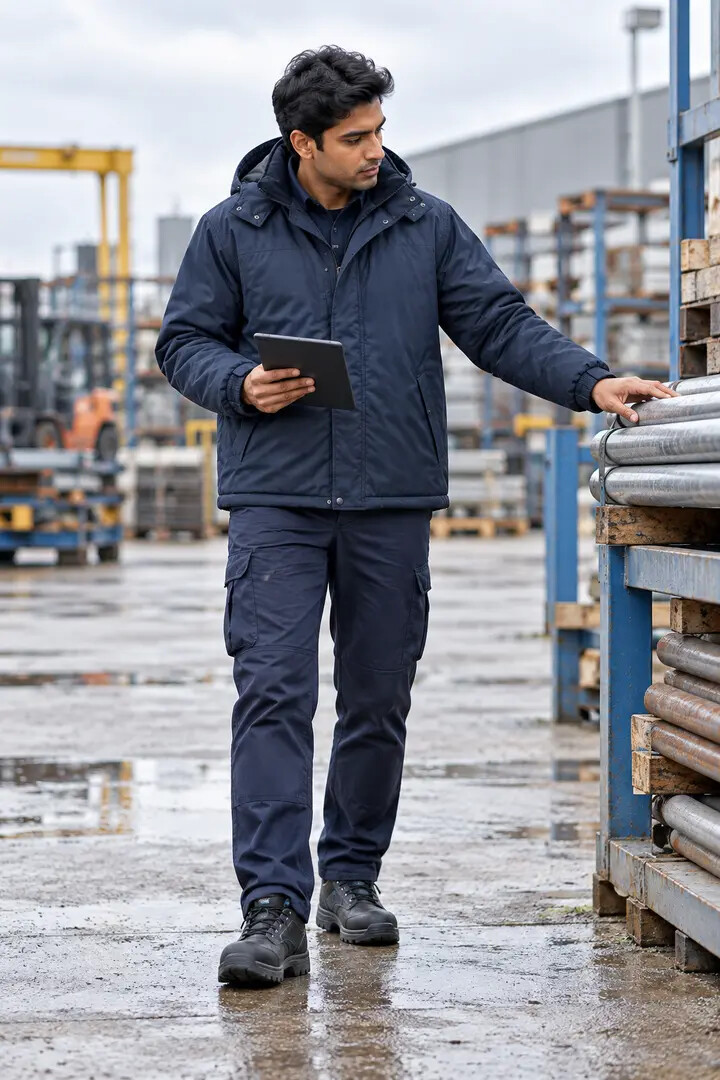Campera de trabajo en un patio industrial