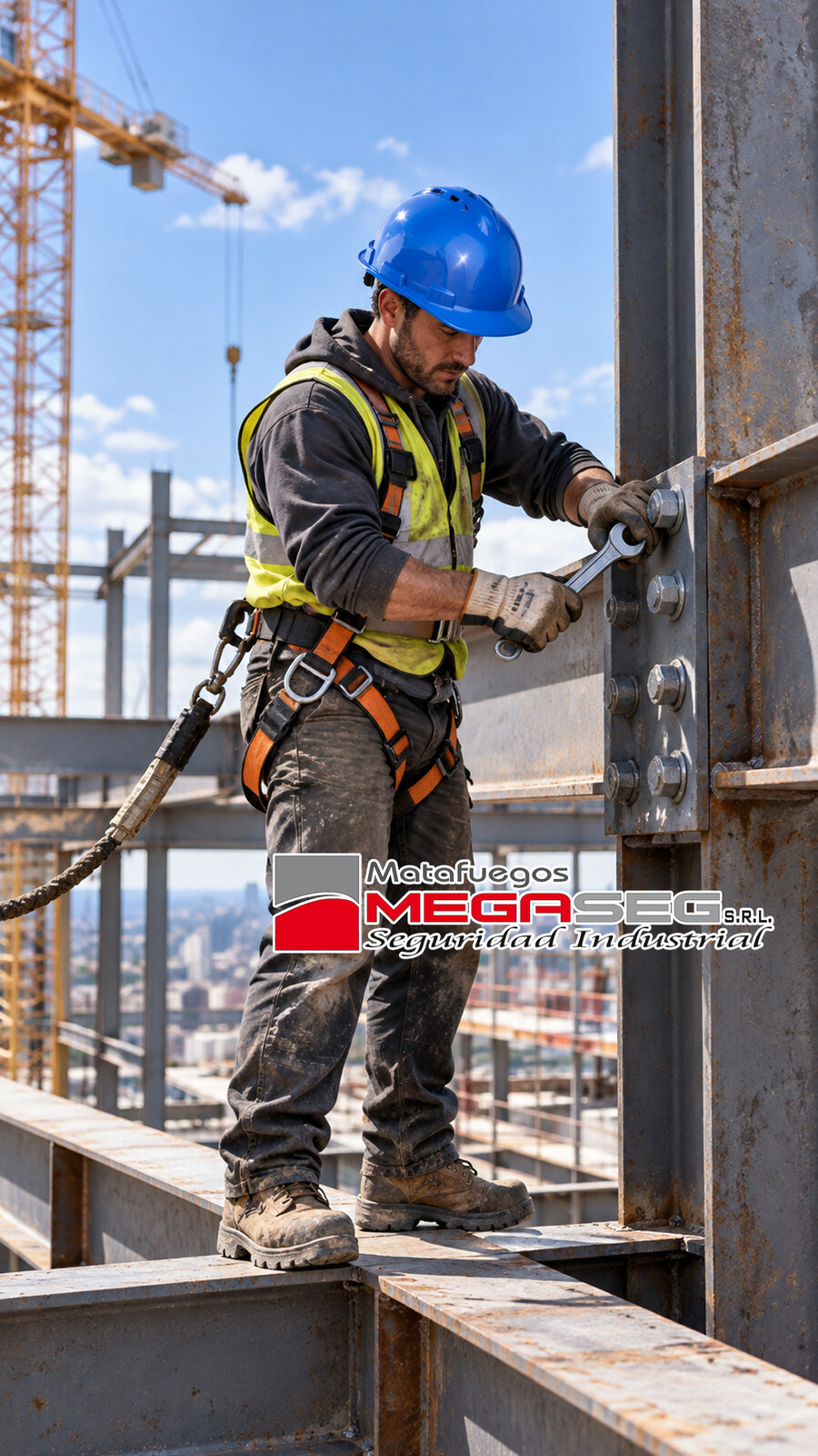 Trabajador con casco Milenium Class azul en estructura industrial