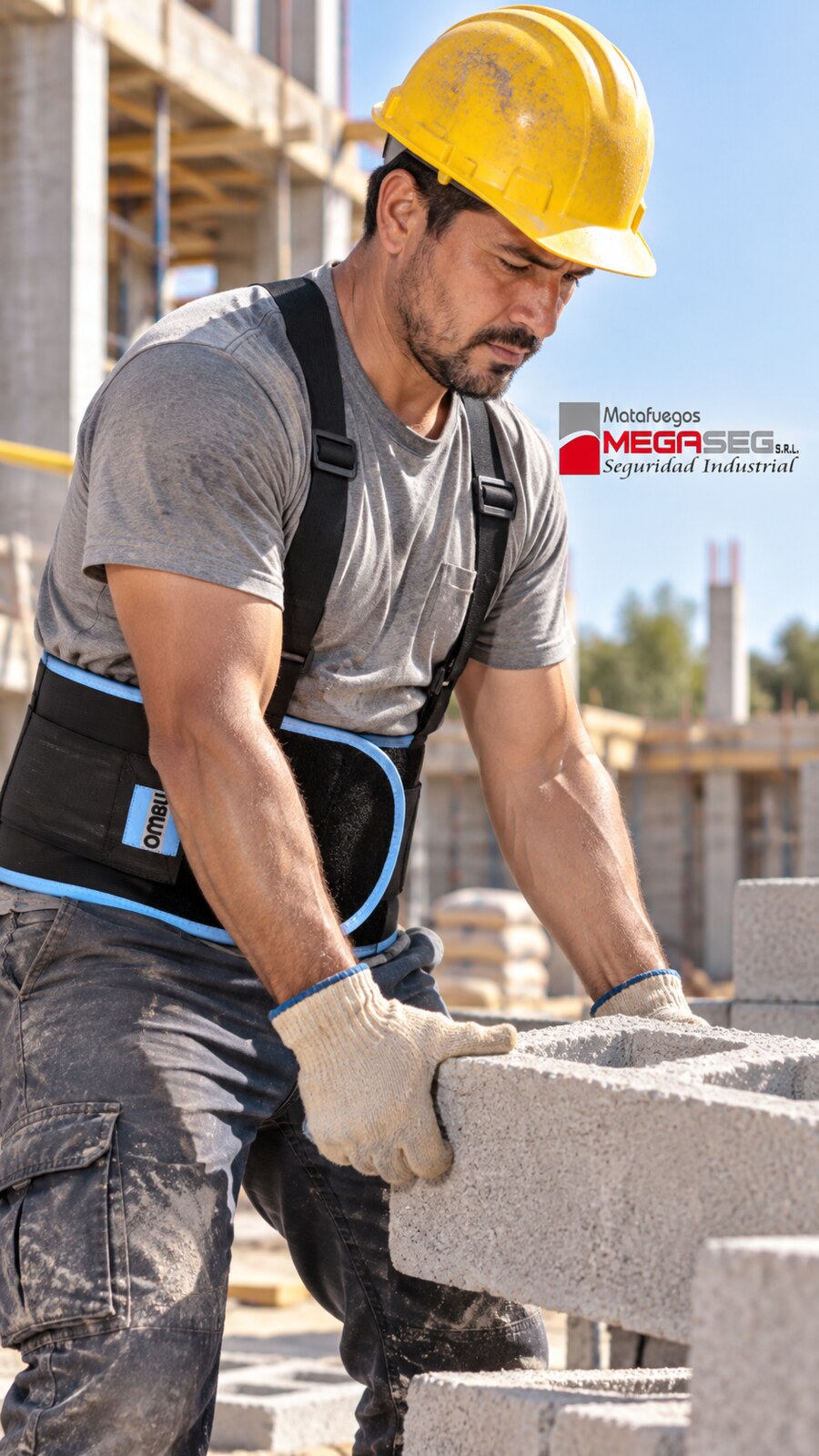 Trabajador de construcción con Faja de Protección Lumbar OMBU
