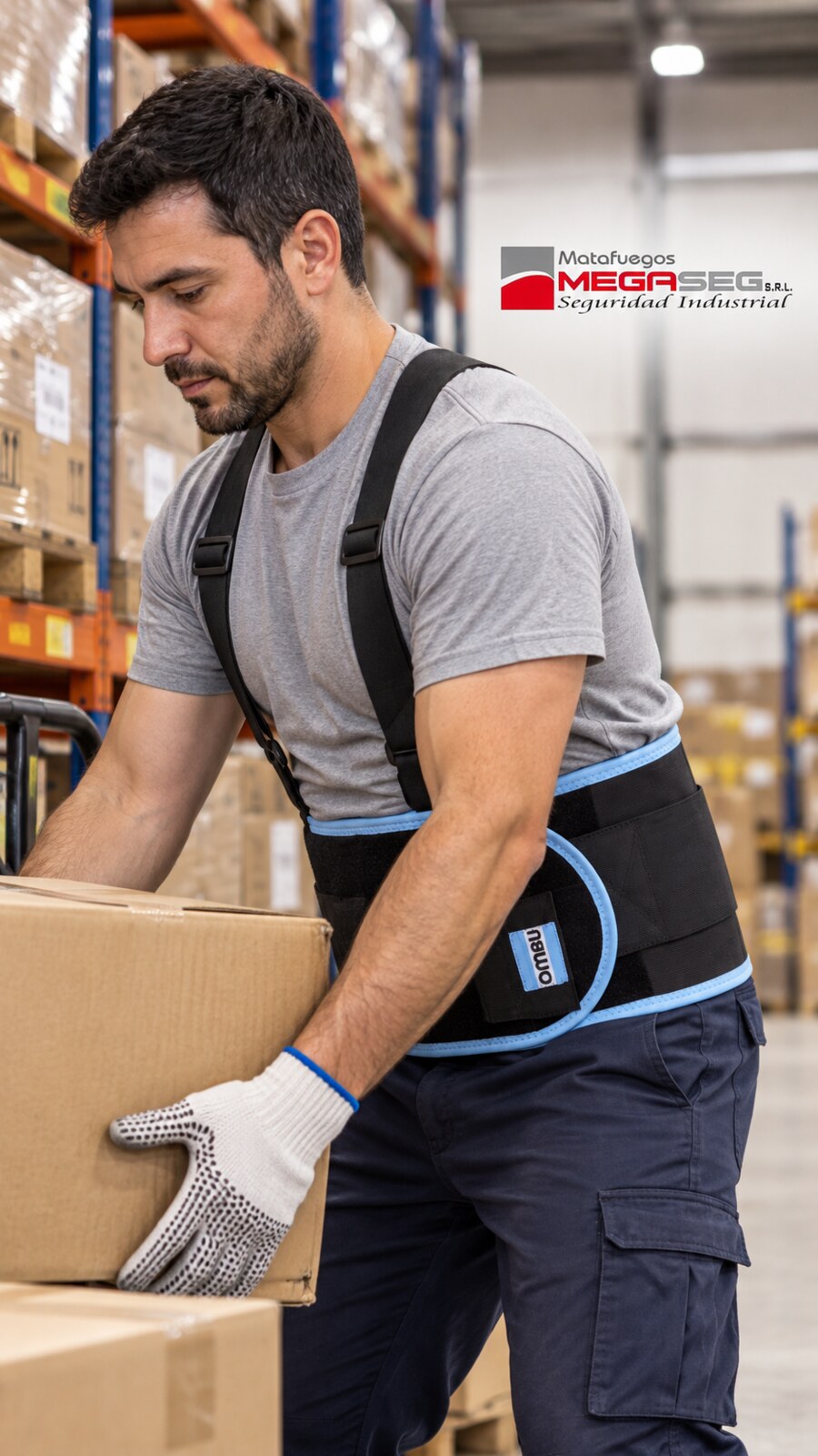 Trabajador de logística con Faja de Protección Lumbar OMBU