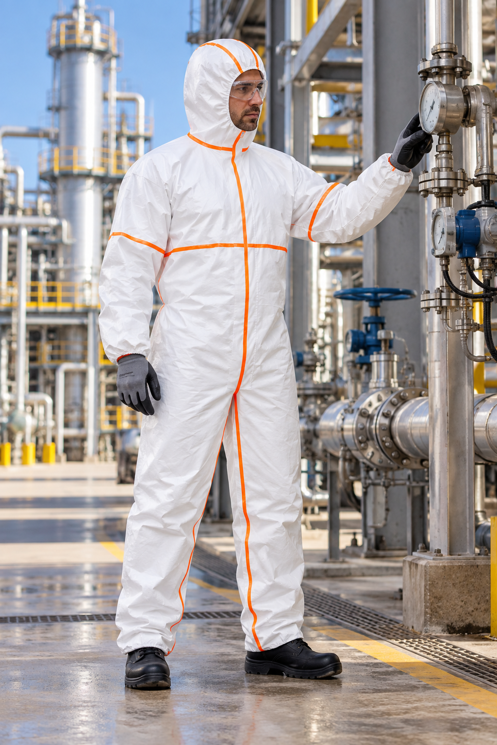 Trabajador con mameluco DuPont ProShield 20 SFR sobre ropa primaria en petroquímica