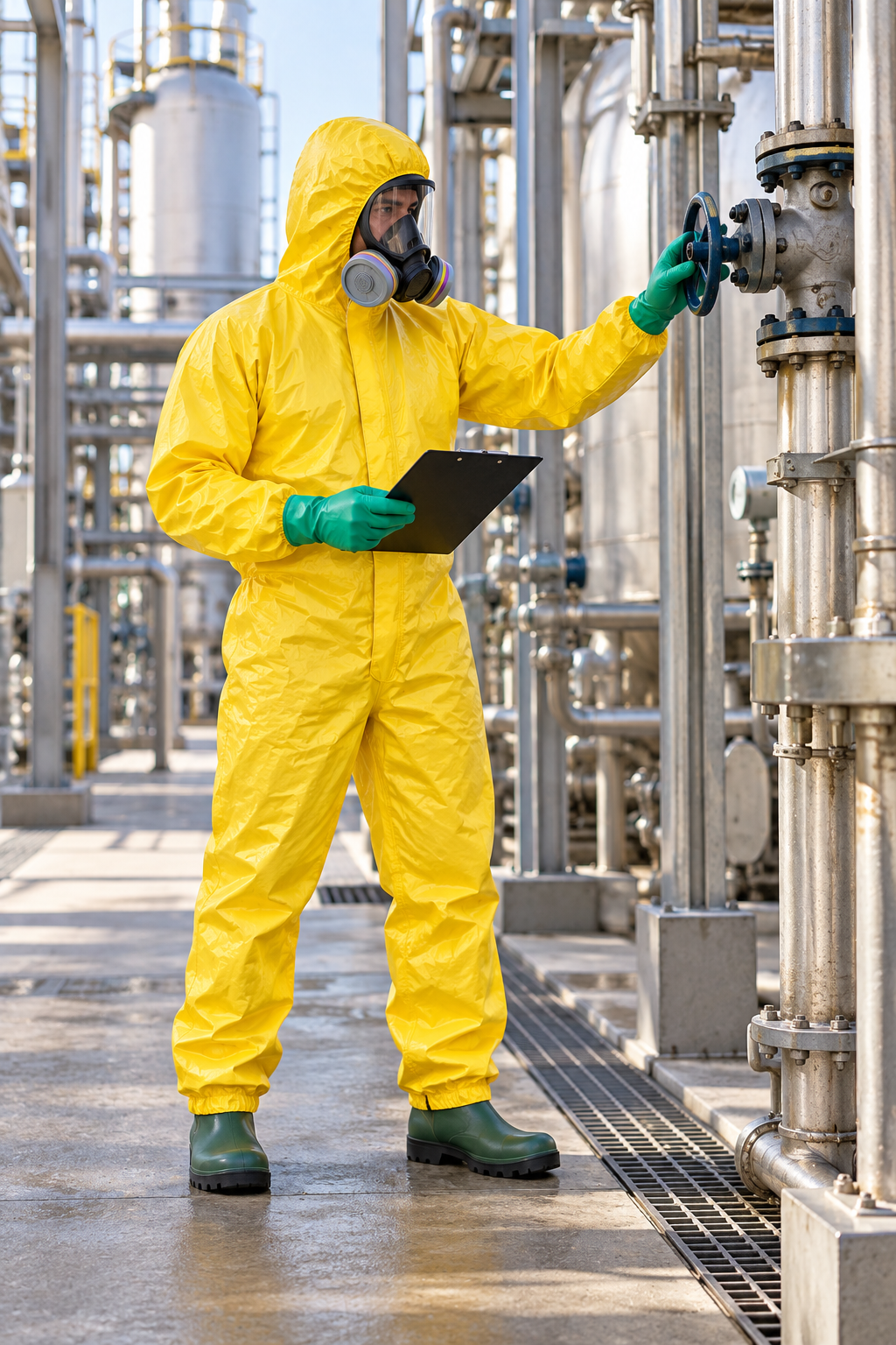Trabajador con mameluco DuPont Tychem C inspeccionando una instalación química