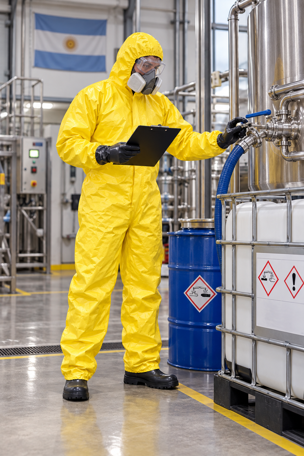 Trabajador con mameluco DuPont Tychem C en una tarea de saneamiento industrial
