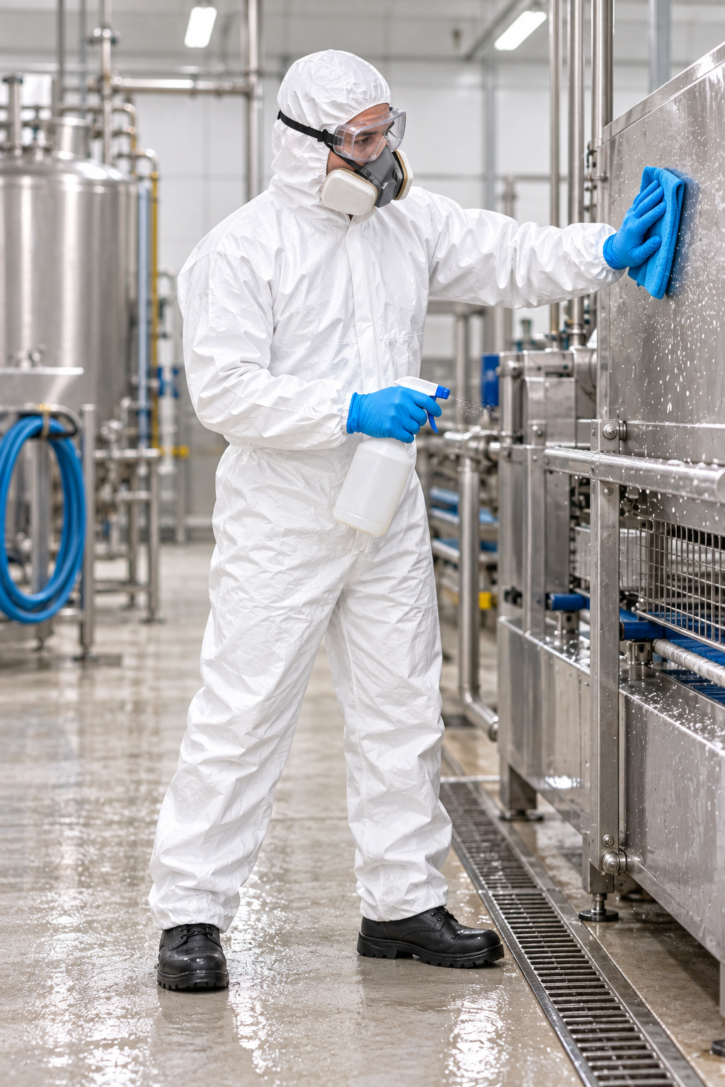 Trabajador con mameluco DuPont Tyvek realizando limpieza industrial