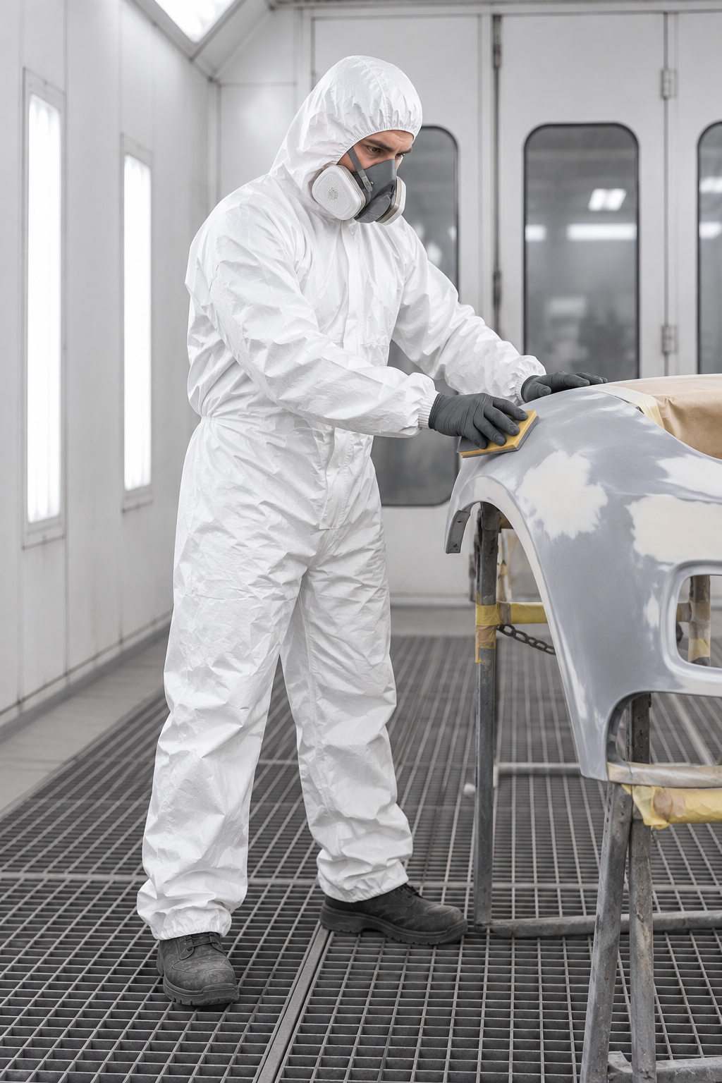 Trabajador con mameluco DuPont Tyvek preparando una superficie para pintura