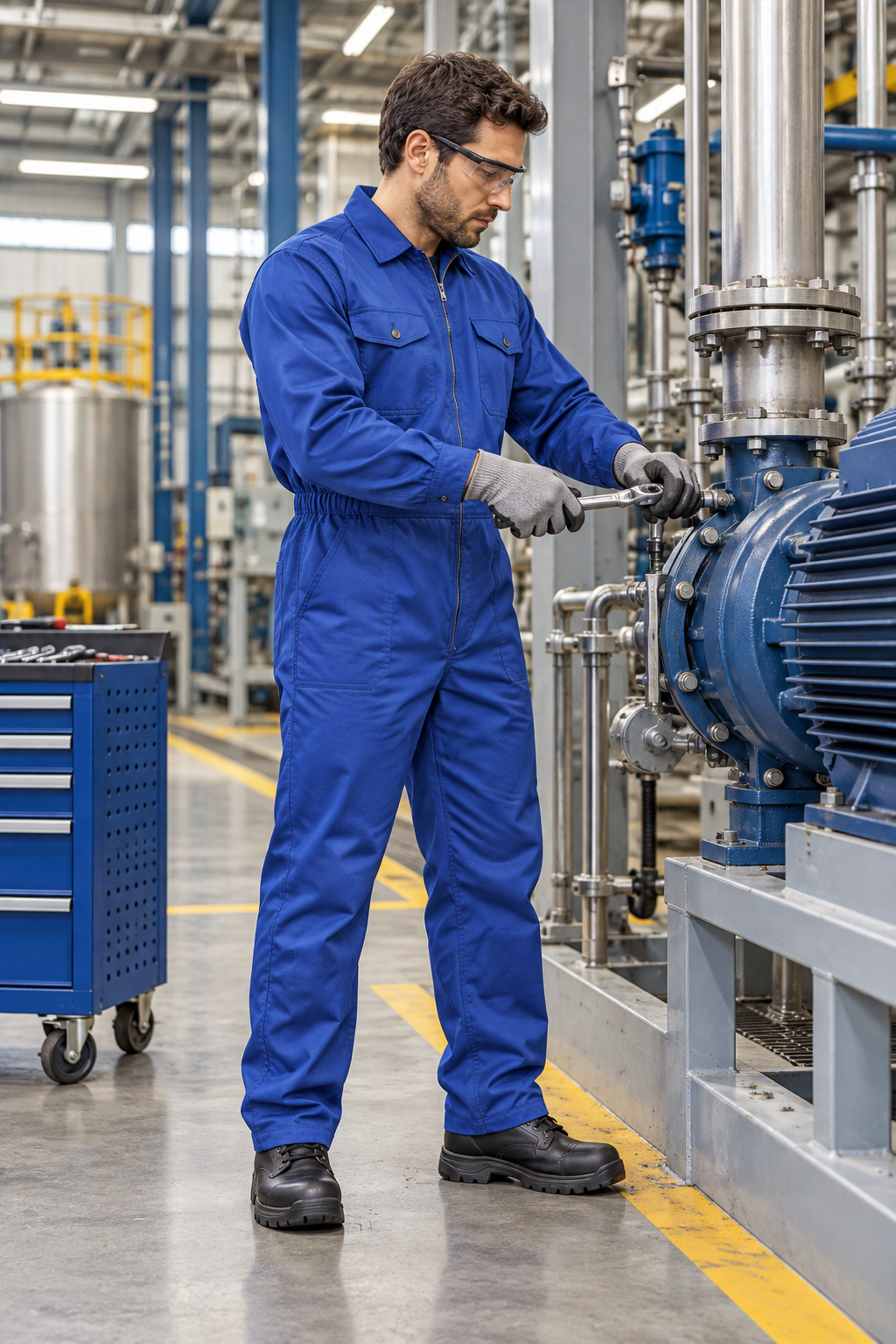Trabajador con mameluco azul en mantenimiento industrial