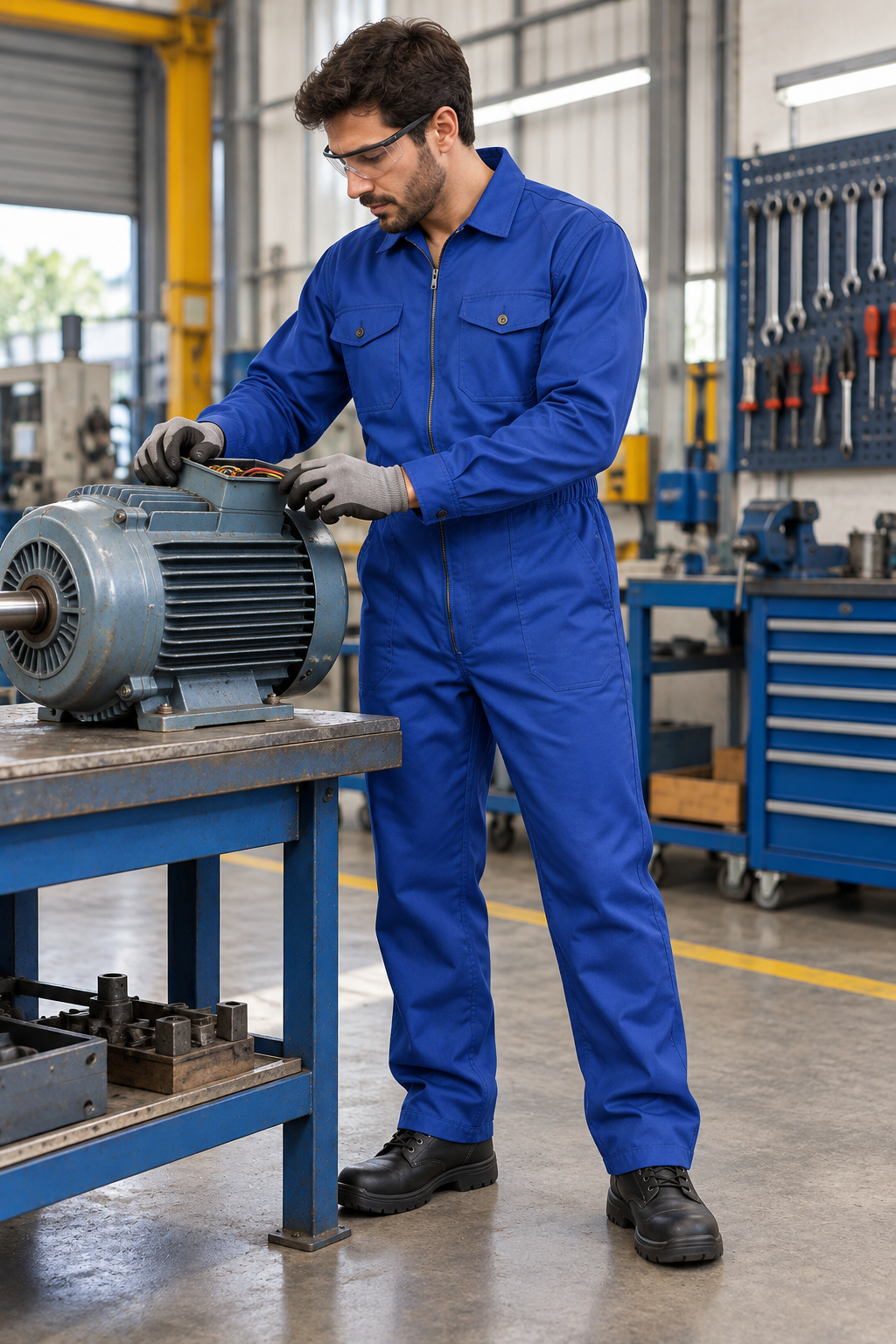 Trabajador con mameluco Grafa 70 azul realizando mantenimiento de un motor