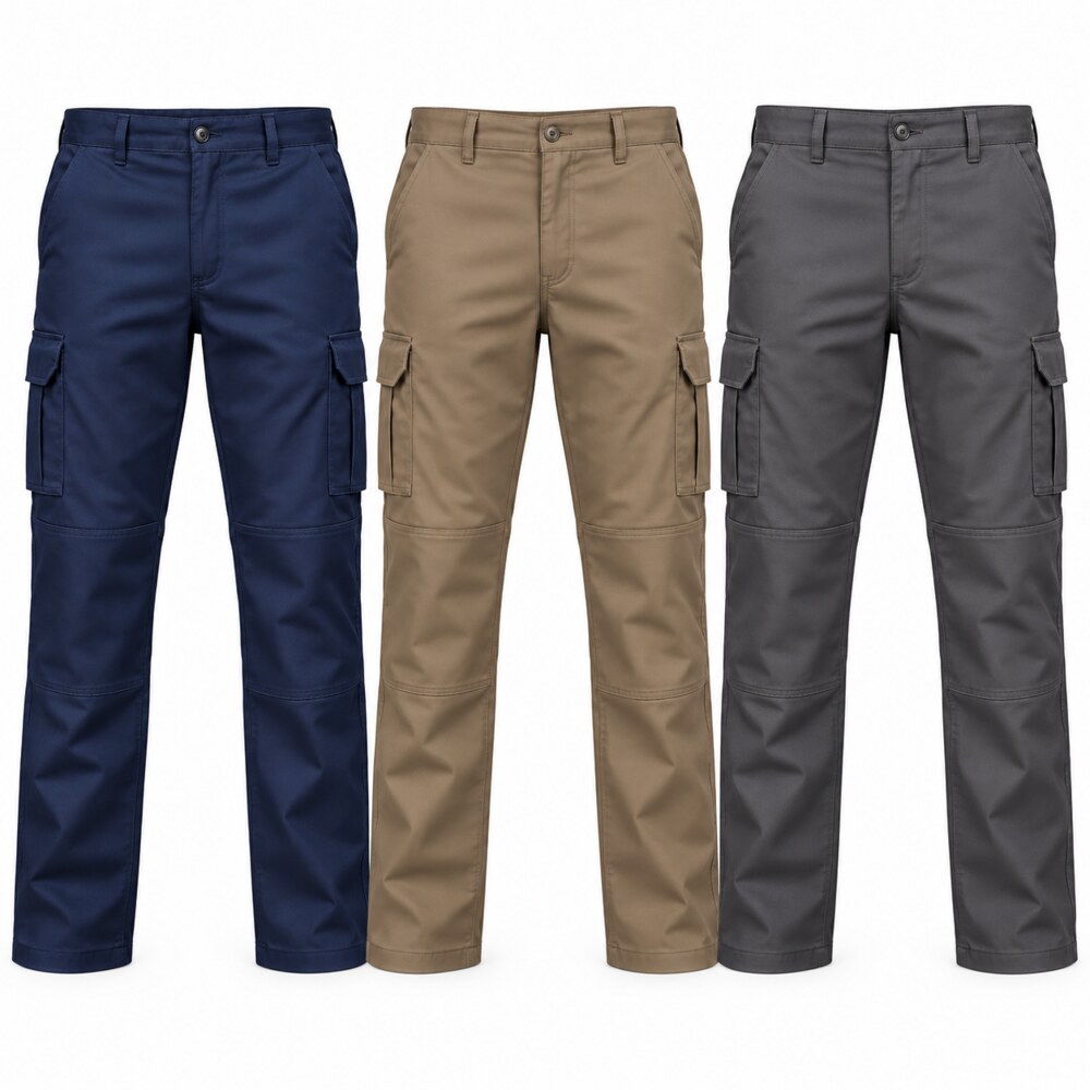 Pantalón OMBU Cargo en azul oscuro, beige y gris