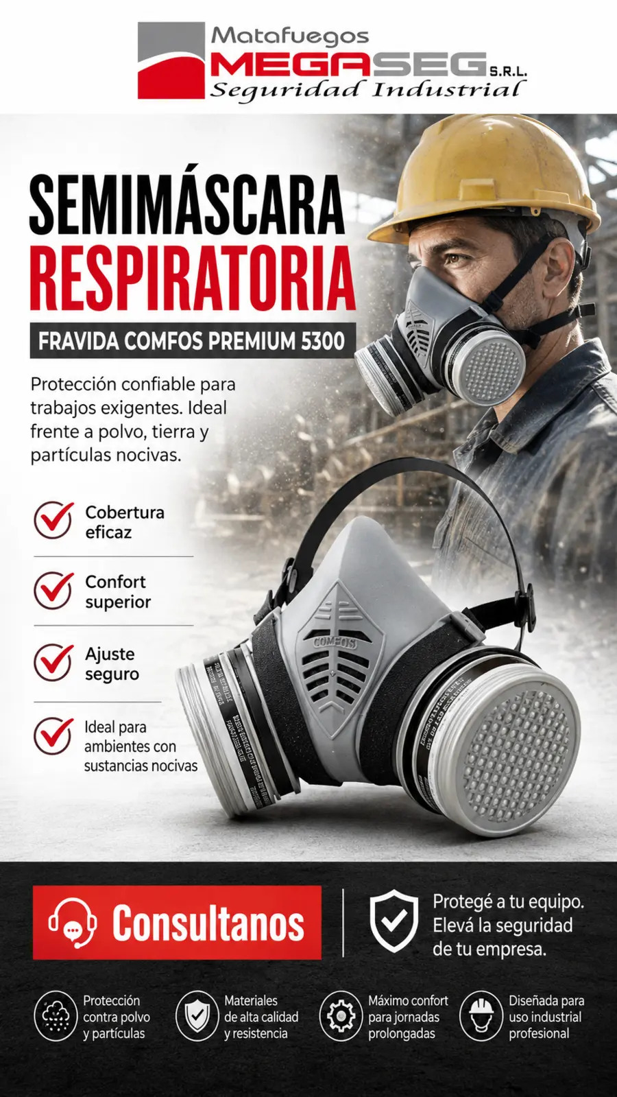 Características y beneficios de la Semimáscara Frávida Comfos Premium 5300