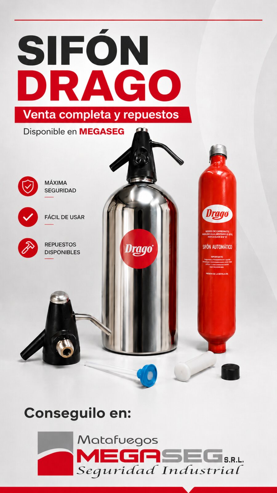 Sifón Drago de acero, cabezal automático y garrafa de carga