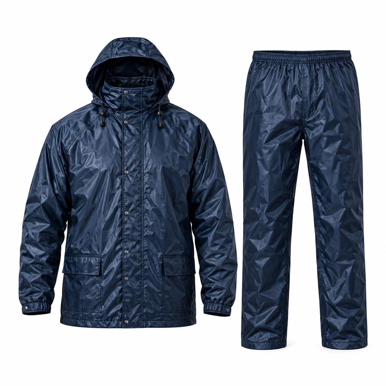 Traje de lluvia impermeable azul con campera y pantalón sobre fondo blanco