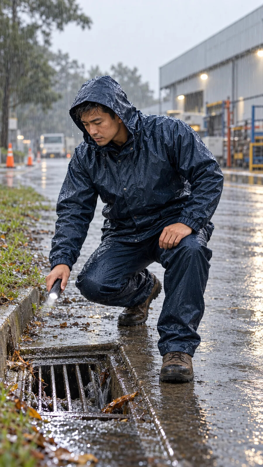 Traje de lluvia impermeable en trabajo exterior