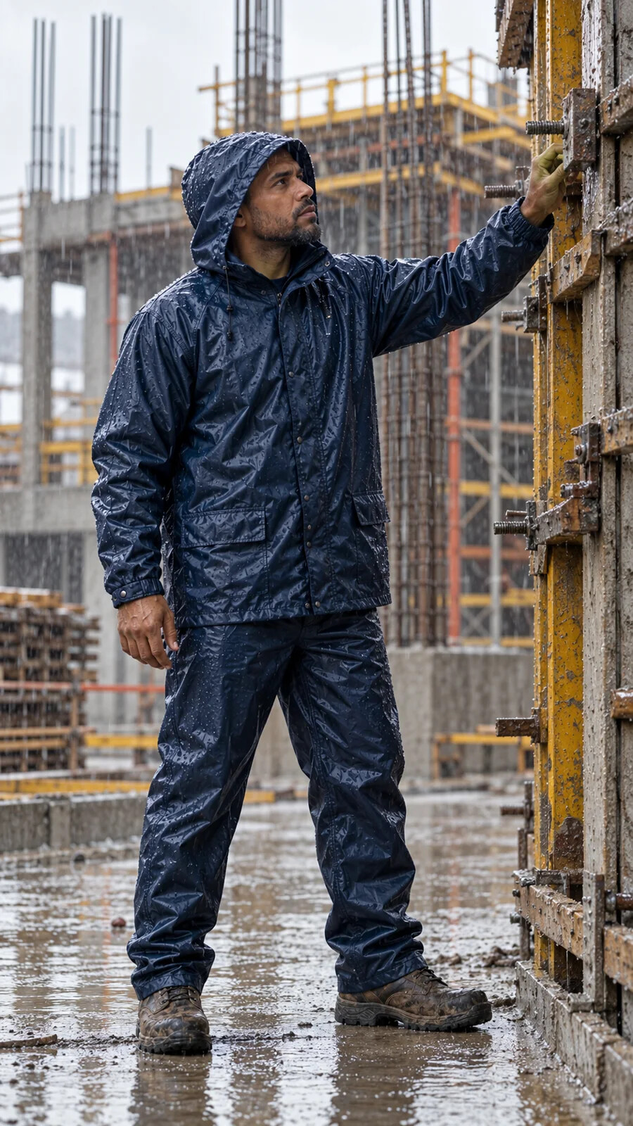 Traje de lluvia impermeable en una obra