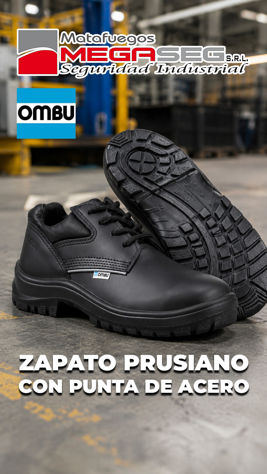 Zapato OMBU Prusiano mostrando su suela en un ambiente laboral